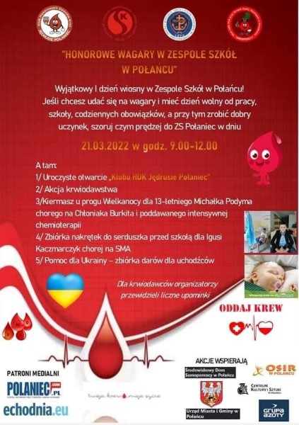 Plakat zachęcający do wzięcia udziału w akcji krwiodawstwa w dniu 21 marca 2022 roku w godzinach 9-12 w Zespole Szkół w Połańcu